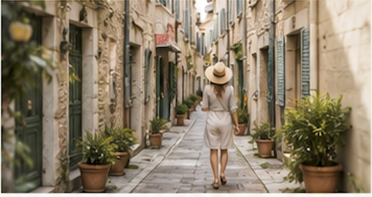 Woman walking independently through a quiet French village street