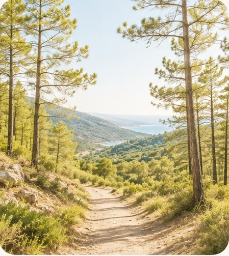 Walking trail through pine trees in Southern France