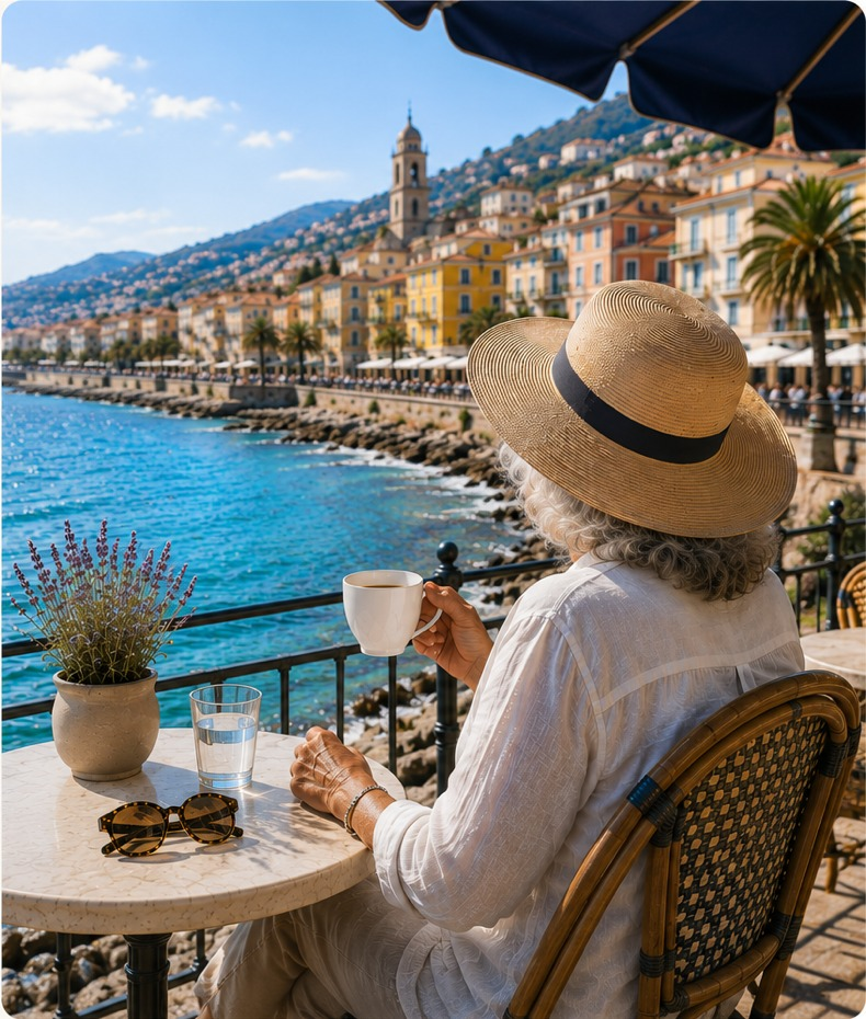 Woman enjoying coffee overlooking a French coastal town