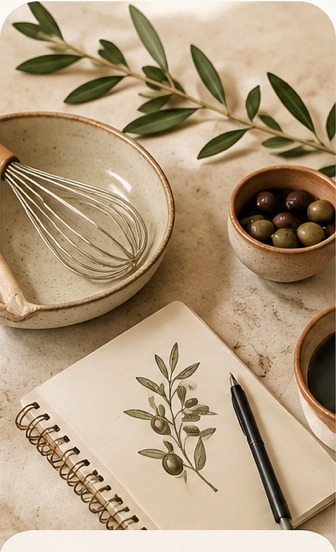 Notebook, olives and kitchen details for a cultural workshop