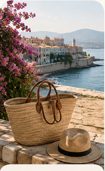 Basket and hat overlooking a Mediterranean village