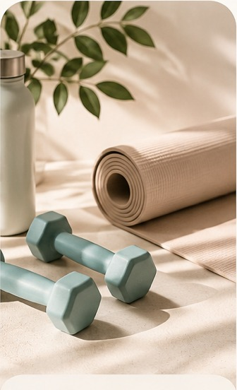 Yoga mat and hand weights in a calm wellness setting