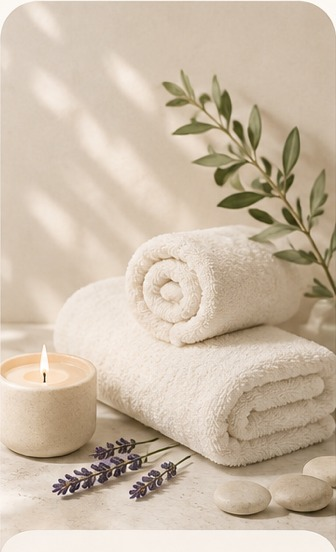 Folded towels, candle and lavender in a spa setting