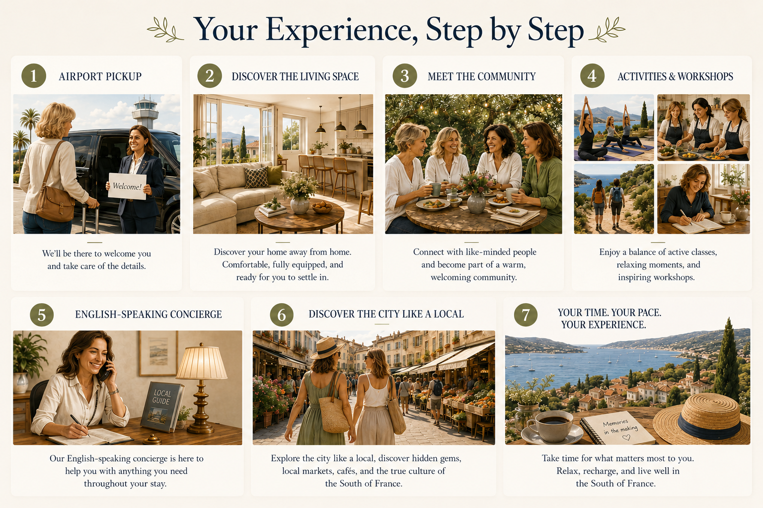 Infographic showing seven steps of the experience: airport pickup, discover the living space, meet the community, activities and workshops, English-speaking concierge, discover the city like a local, and your time at your own pace.