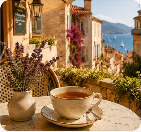Tea overlooking a village and the Mediterranean