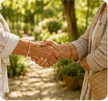 Two women greeting one another outdoors