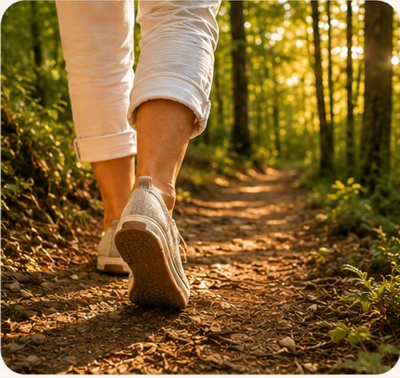 Walking on a sunlit woodland path